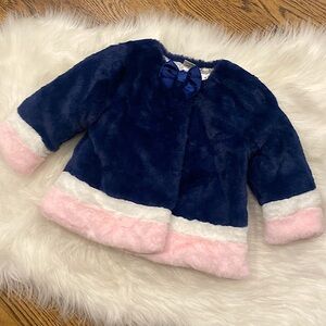 18m Faux Fur Navy and pink button up coat with bow. NWOT